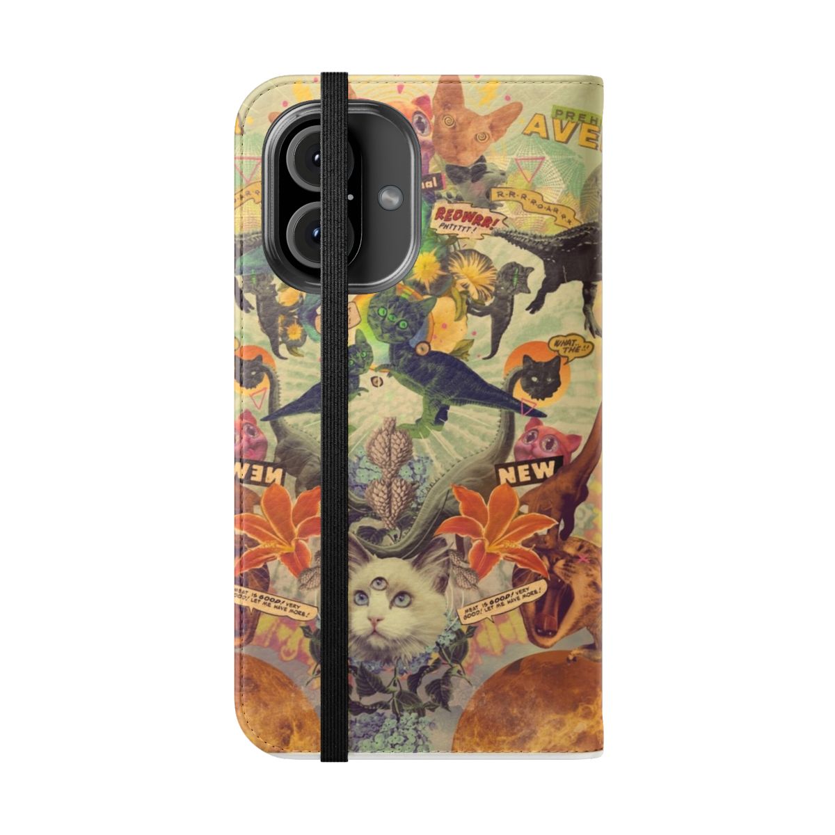 Quirky Meowosaurus cat dinosaur mashup phone case cover - Folded Front