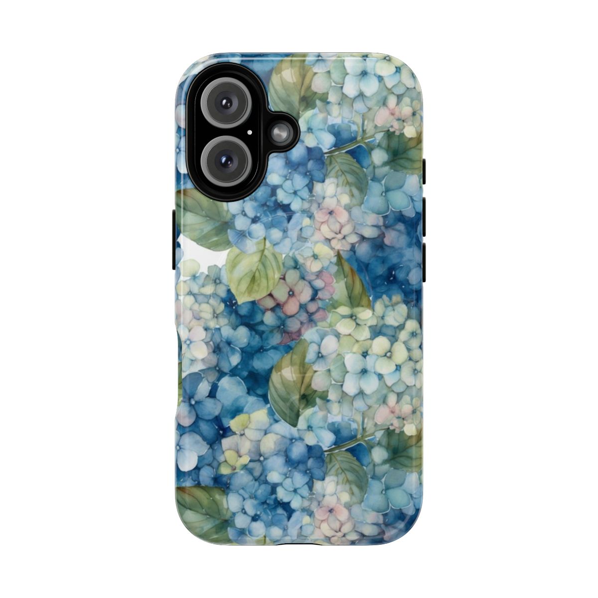 Vibrant watercolor painting of blue and purple hydrangea flowers on a protective phone case