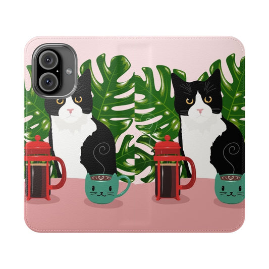 Flip phone case featuring a tuxedo cat and coffee french press design with monstera leaves