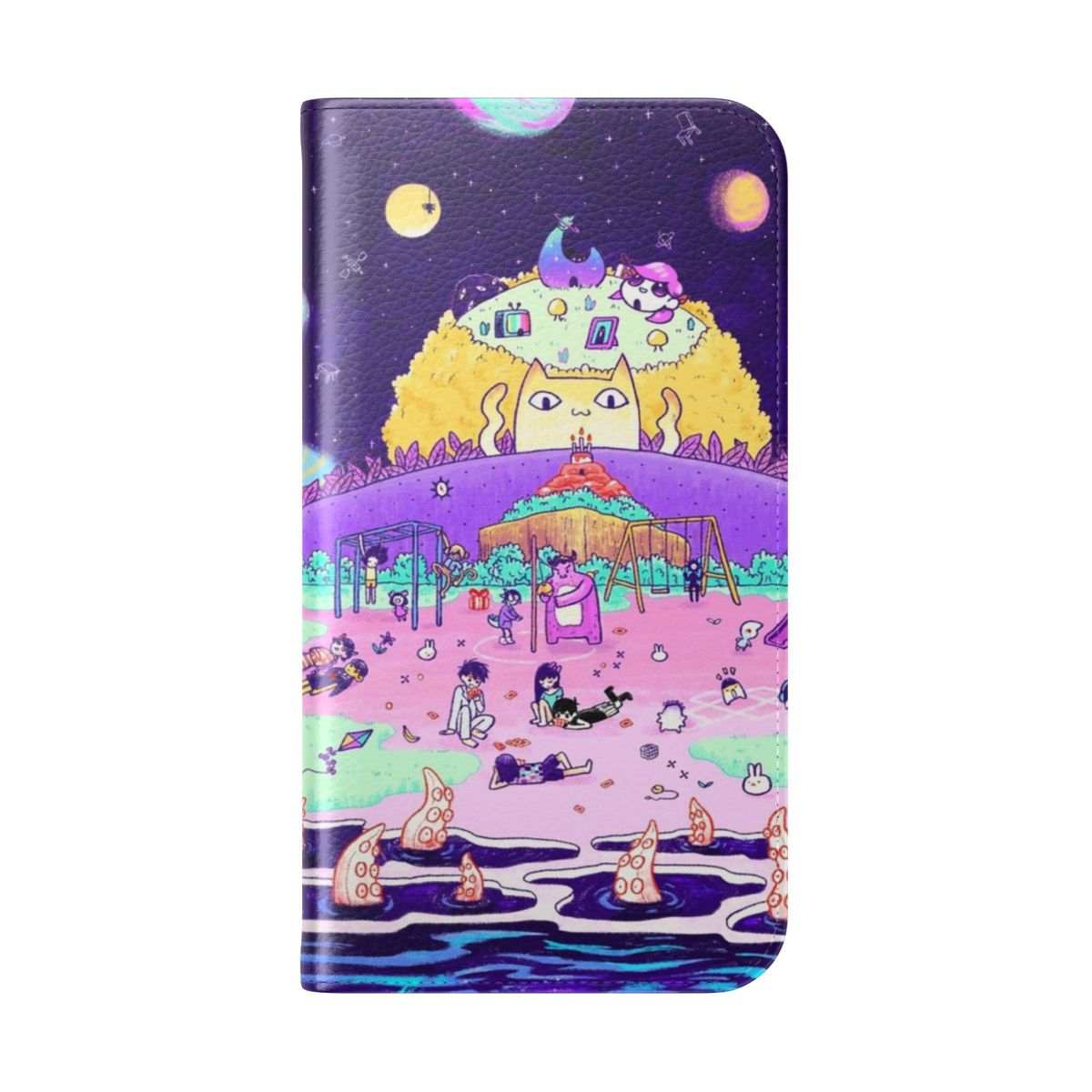 Vibrant flip cover phone case featuring Omori-inspired anime artwork with purple tentacles and a textured design. - Folded Back