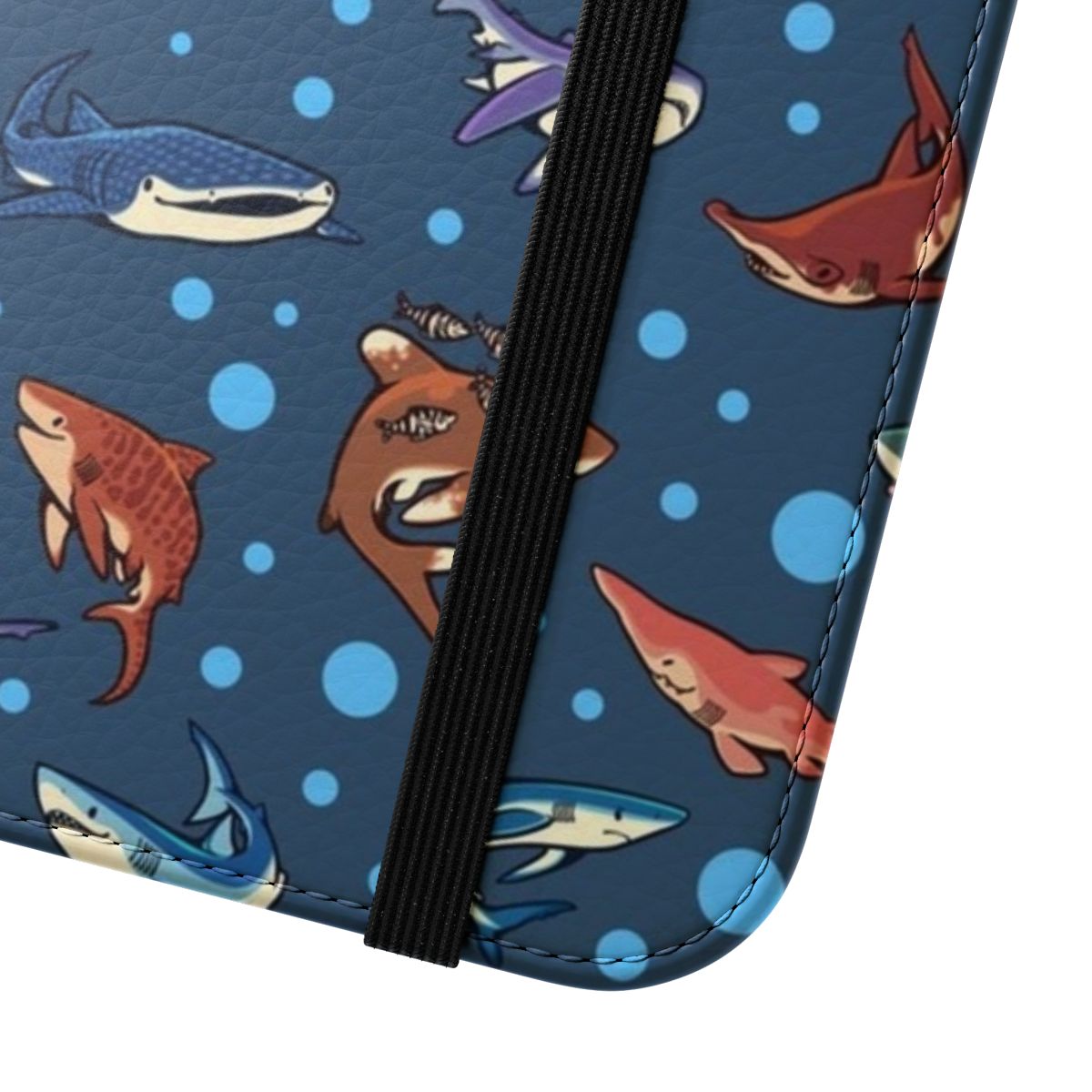 Sharks in the Deep Blue Phone Case, featuring various shark species swimming in a dark blue ocean pattern. - Close Up