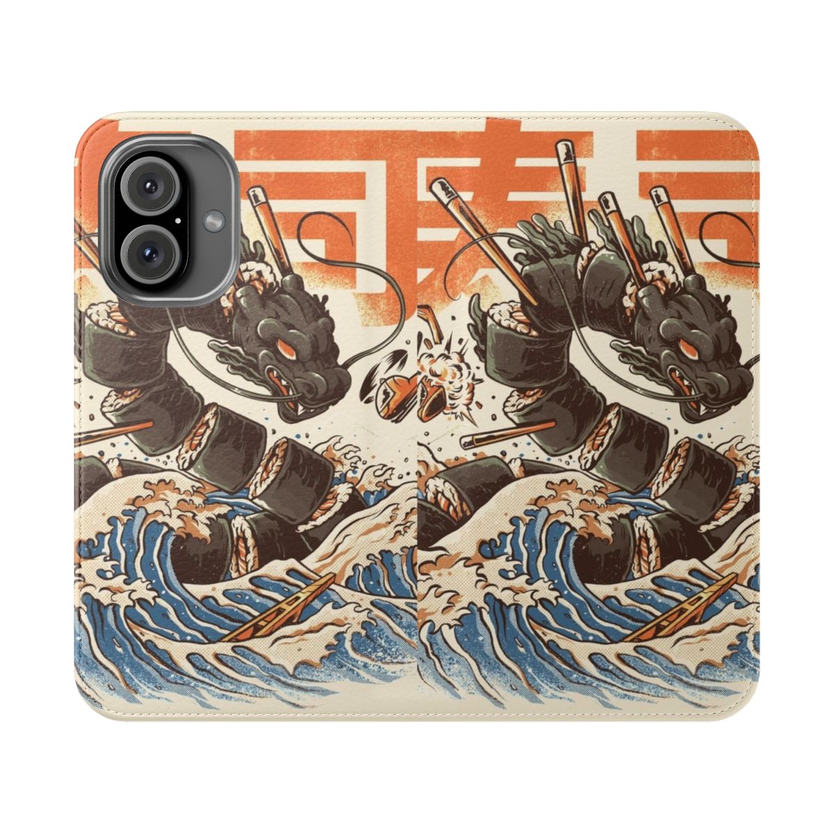 Illustration of an angry orange dragon emerging from waves with sushi in its mouth, depicted in a retro Japanese style.