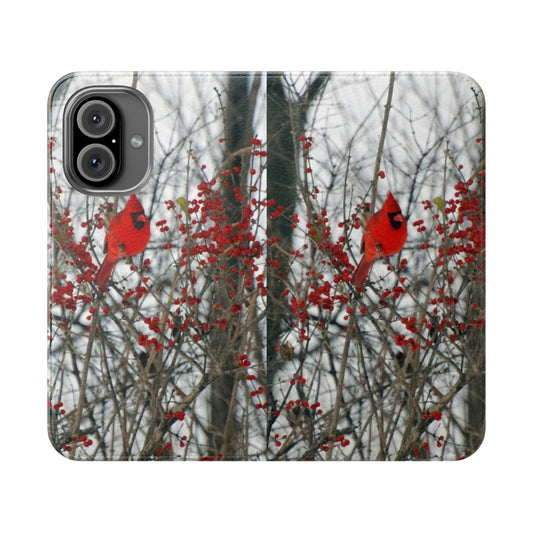 A vibrant red cardinal bird perched on a tree branch, featured on a durable phone case cover.