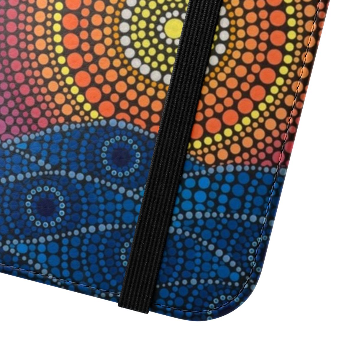 Flip phone case featuring a serene aboriginal-inspired artwork with a sunset, ocean, and beach scene. - Close Up