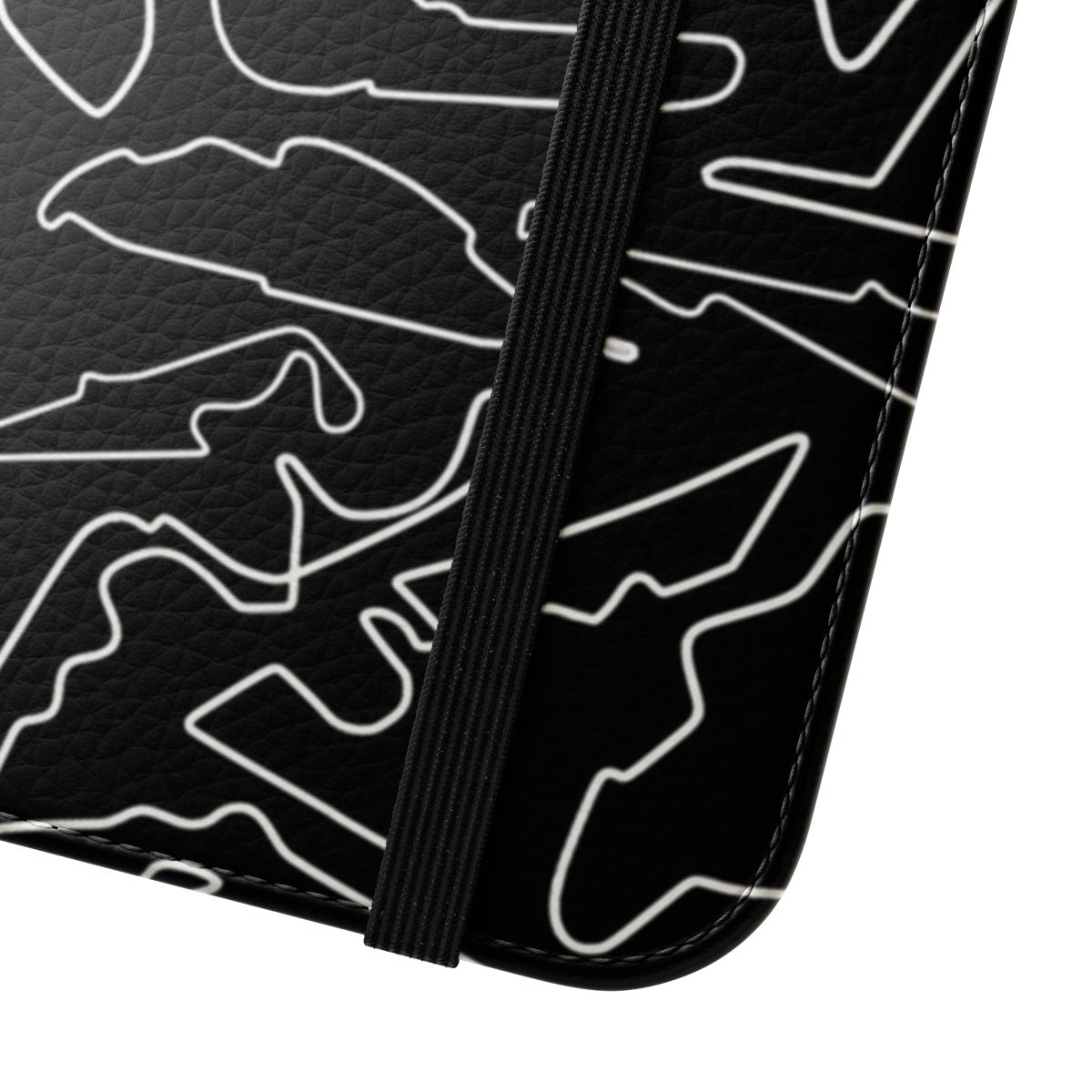 Flip cover phone case featuring a sleek black background with abstract race track design. - Close Up