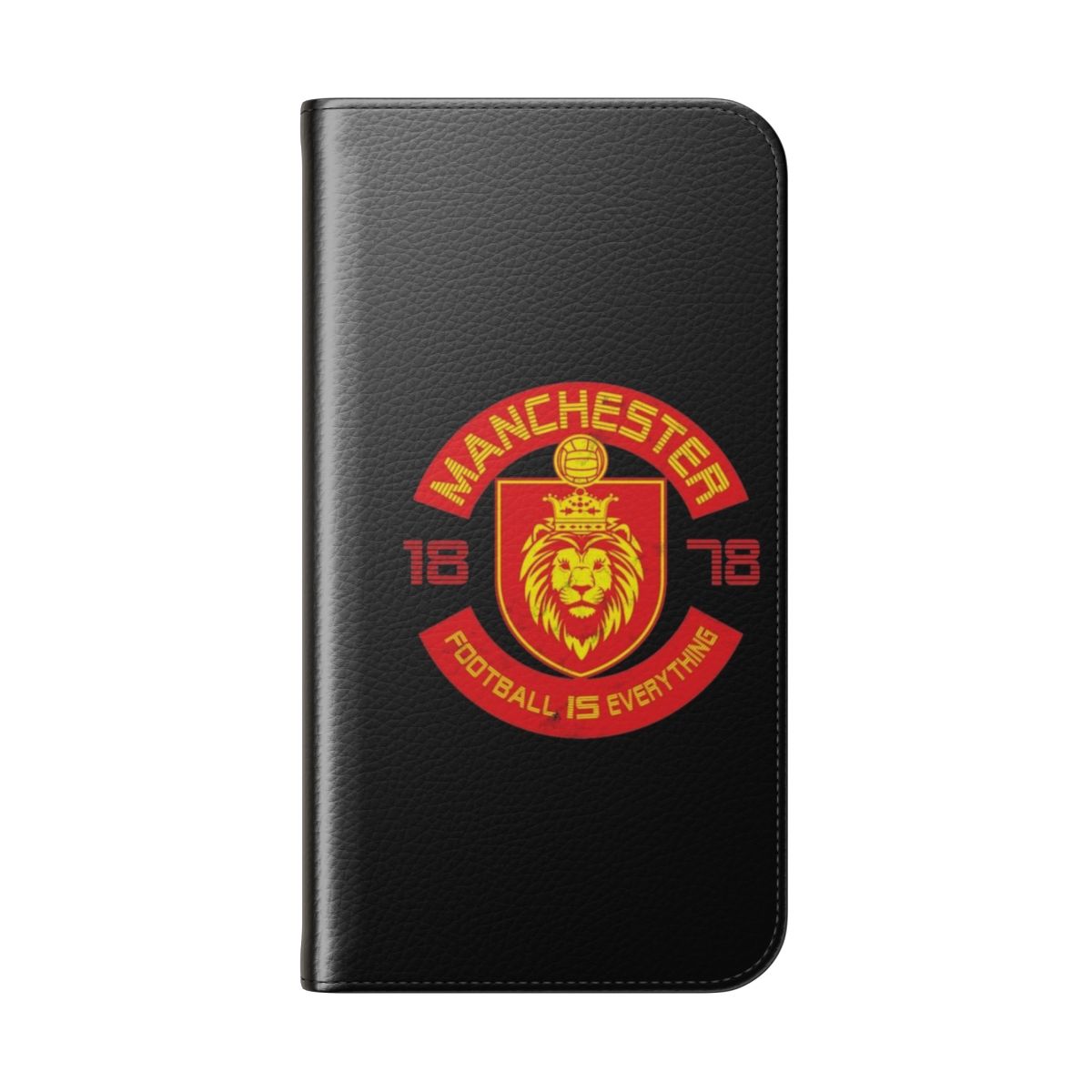 Retro-style flip cover phone case featuring a distressed Manchester football jersey design - Folded Back