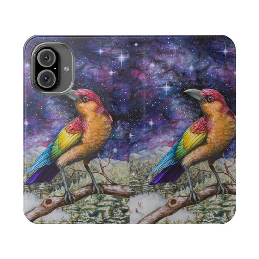 Colorful flip cover phone case featuring a detailed rainbow crow design