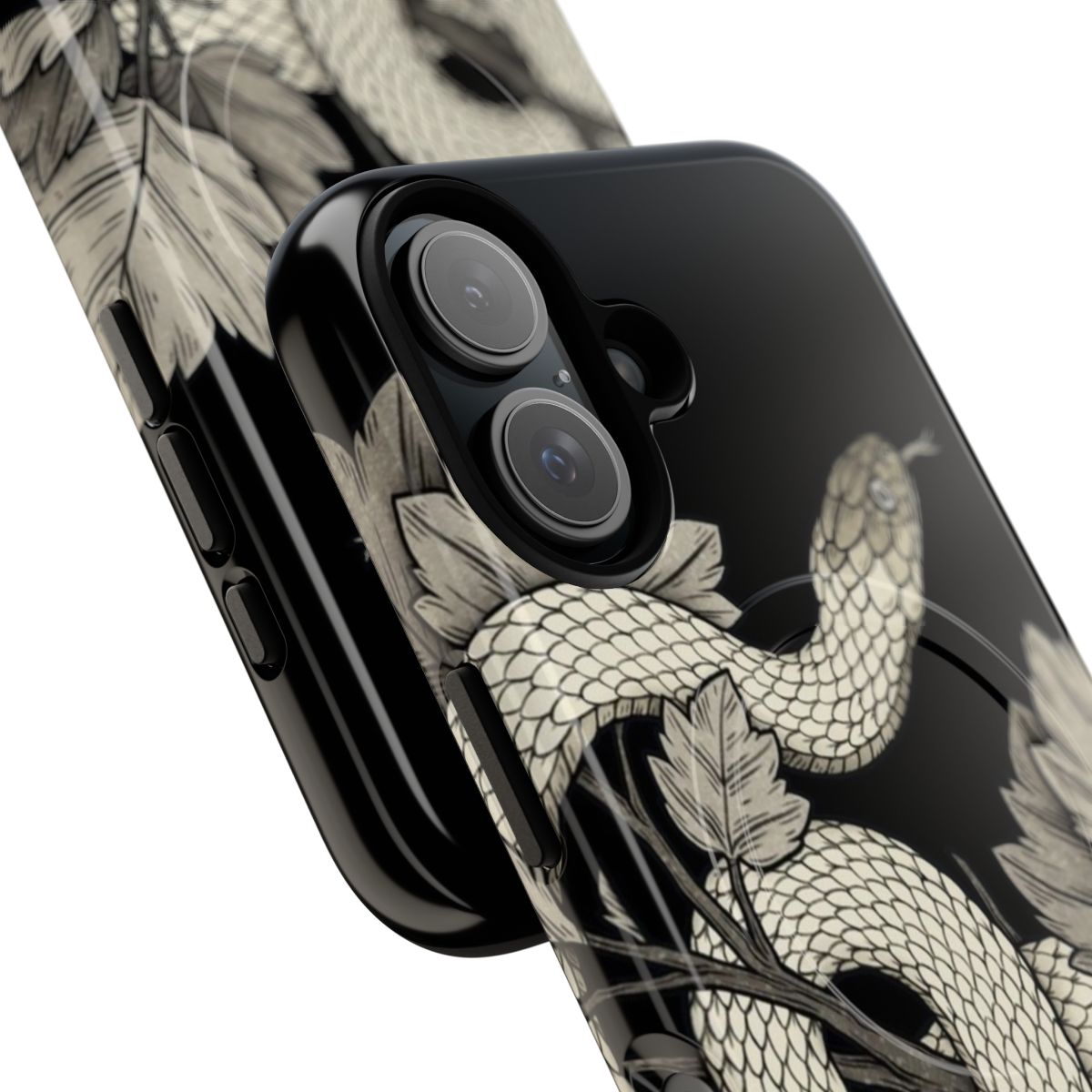 A black and white phone case featuring a curious snake coiled on a branch, with a gothic, eerie, and botanical design. - Detail