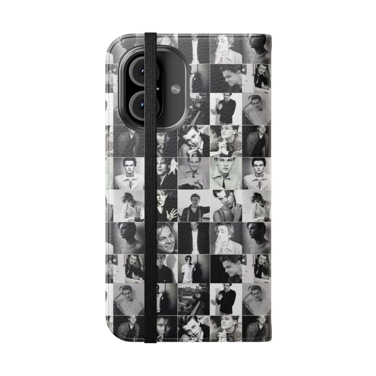 Stylish flip cover phone case featuring a portrait of renowned actor Leonardo DiCaprio. - Folded Front