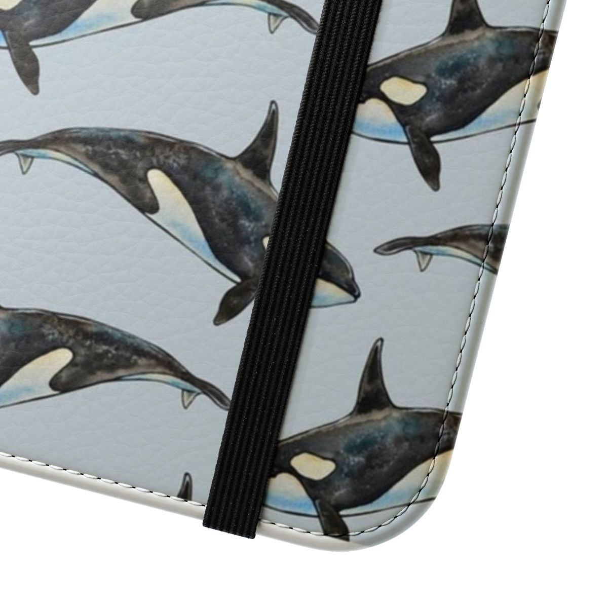 A watercolor painting of an orca or killer whale in shades of blue on a phone case. - Close Up