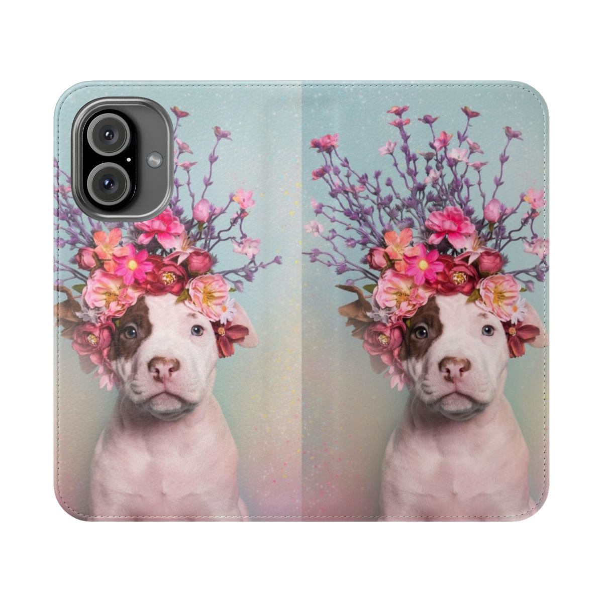 Colorful flower power themed phone case featuring a pitbull face with a flower crown