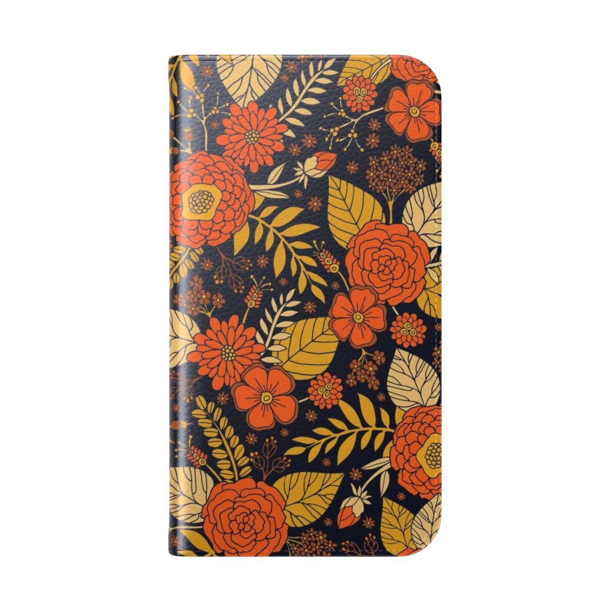 Retro floral pattern flip phone case in shades of yellow, orange, brown, and navy. - Folded Back