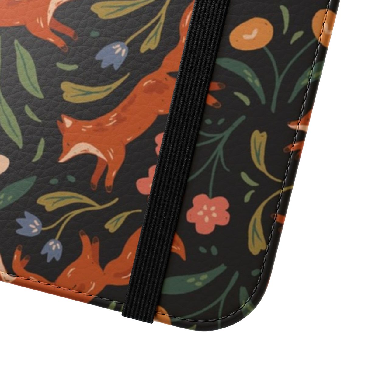 Vibrant floral phone case design featuring playful foxes in a botanical, whimsical pattern - Close Up