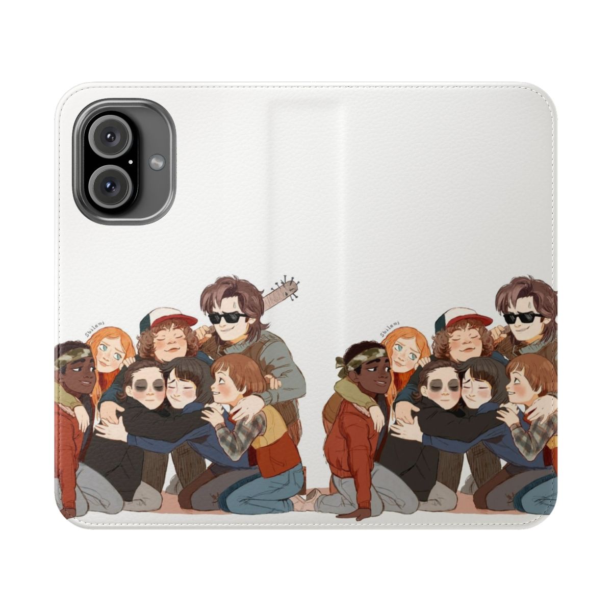 Retro sci-fi inspired flip phone case with character designs