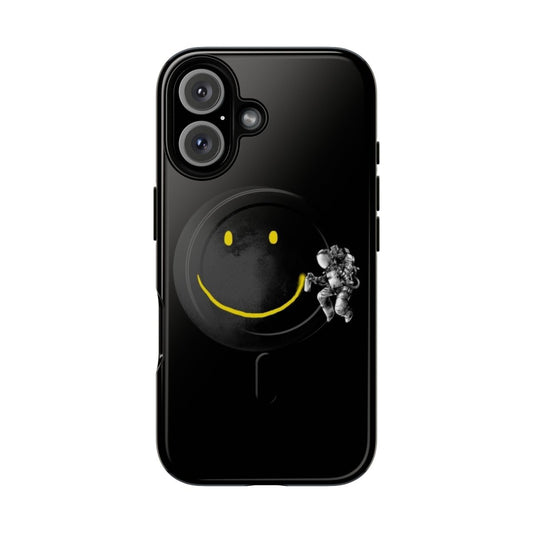 Magnetic tough phone case with surrealist, sci-fi inspired black and white design featuring a smiling face and astronaut