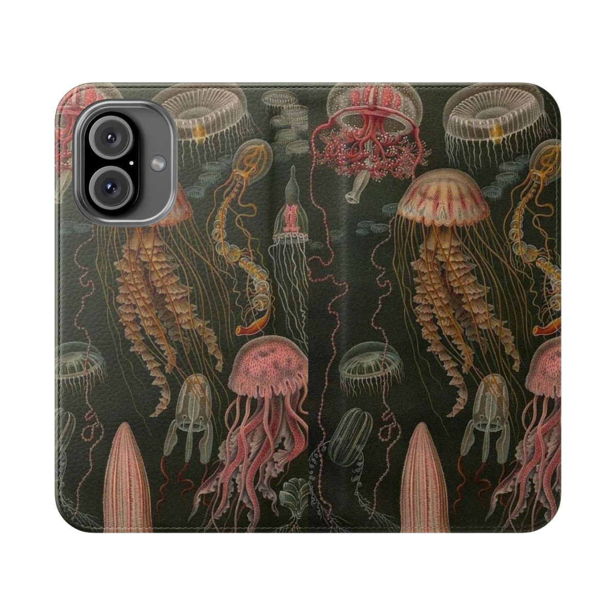 A dark, mysterious phone case cover featuring a graphic design of a glowing jellyfish swimming underwater.