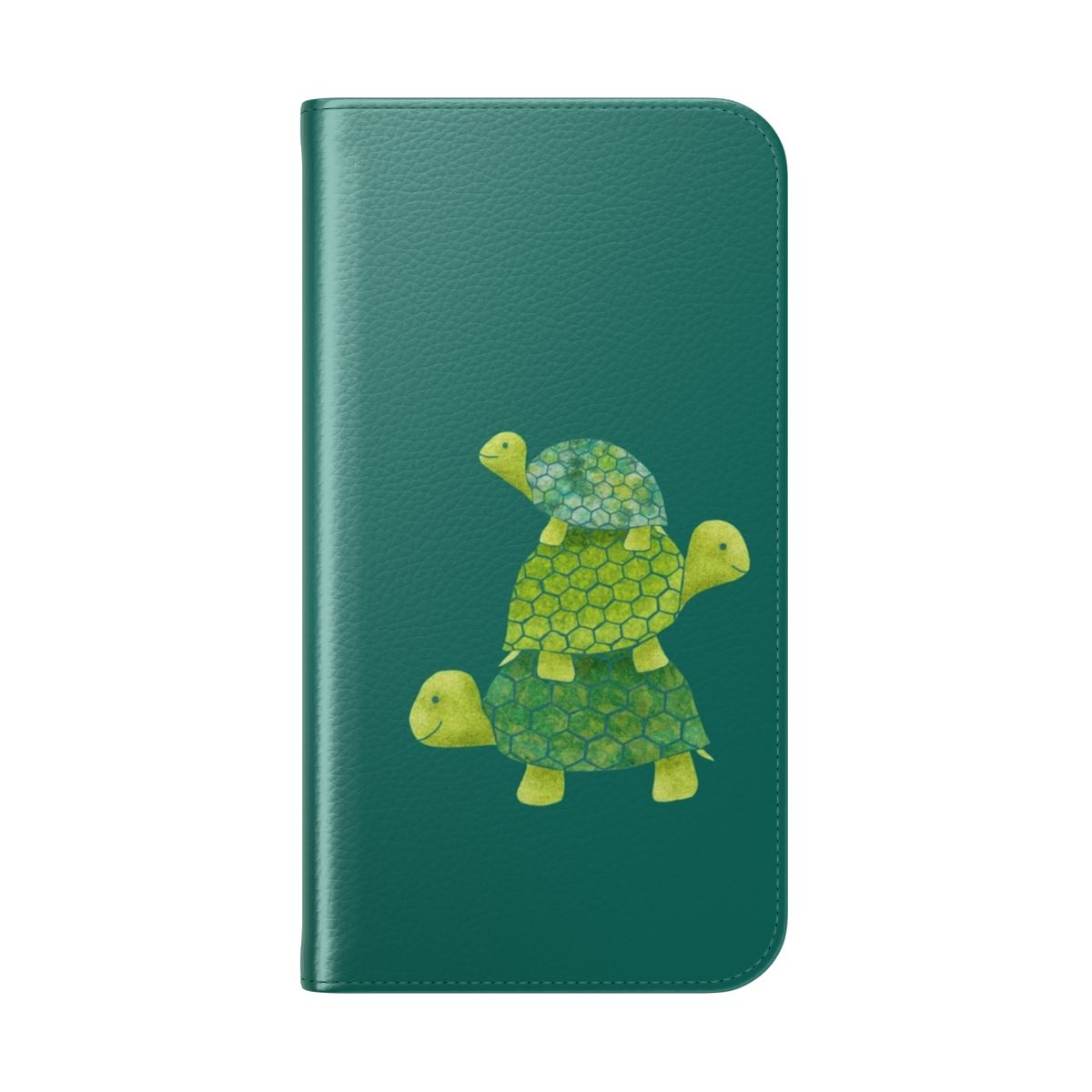 Teal, lime green and turquoise phone case with a cute stacked turtle design - Folded Back