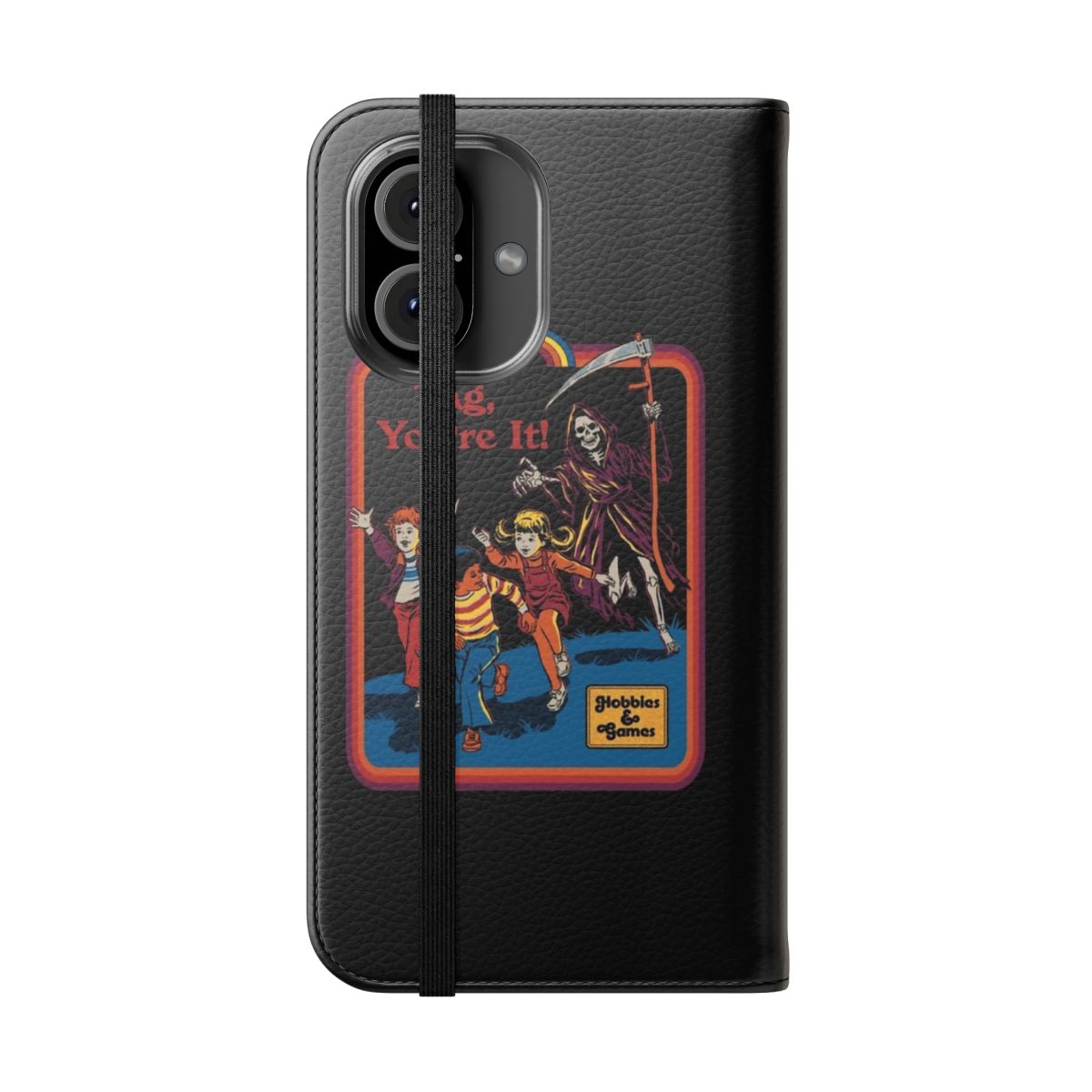 Retro-style flip phone case with a grim reaper and "Tag, You're It" design - Folded Front