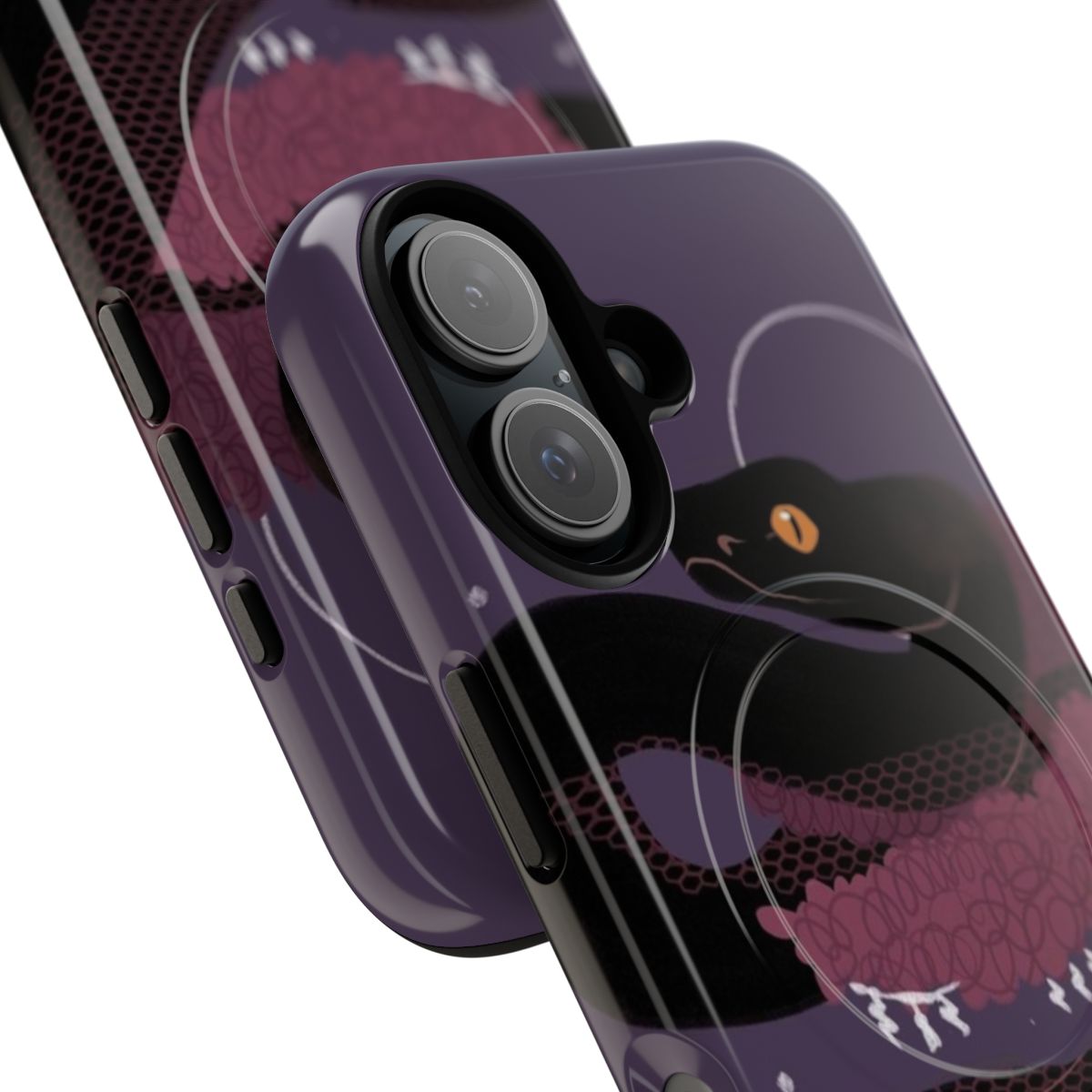 Magnetic tough phone case featuring a spooky witch's familiar design with a snake, bonsai tree, and Japanese elements. - Detail