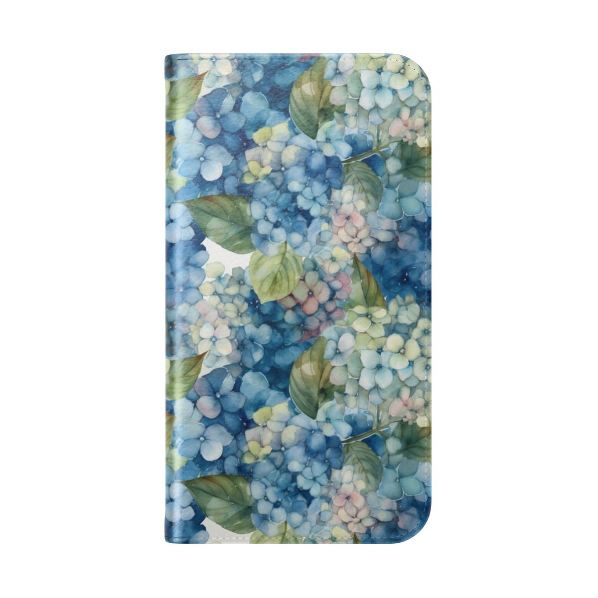 Watercolor hydrangea floral phone case with blue and purple flowers - Folded Back