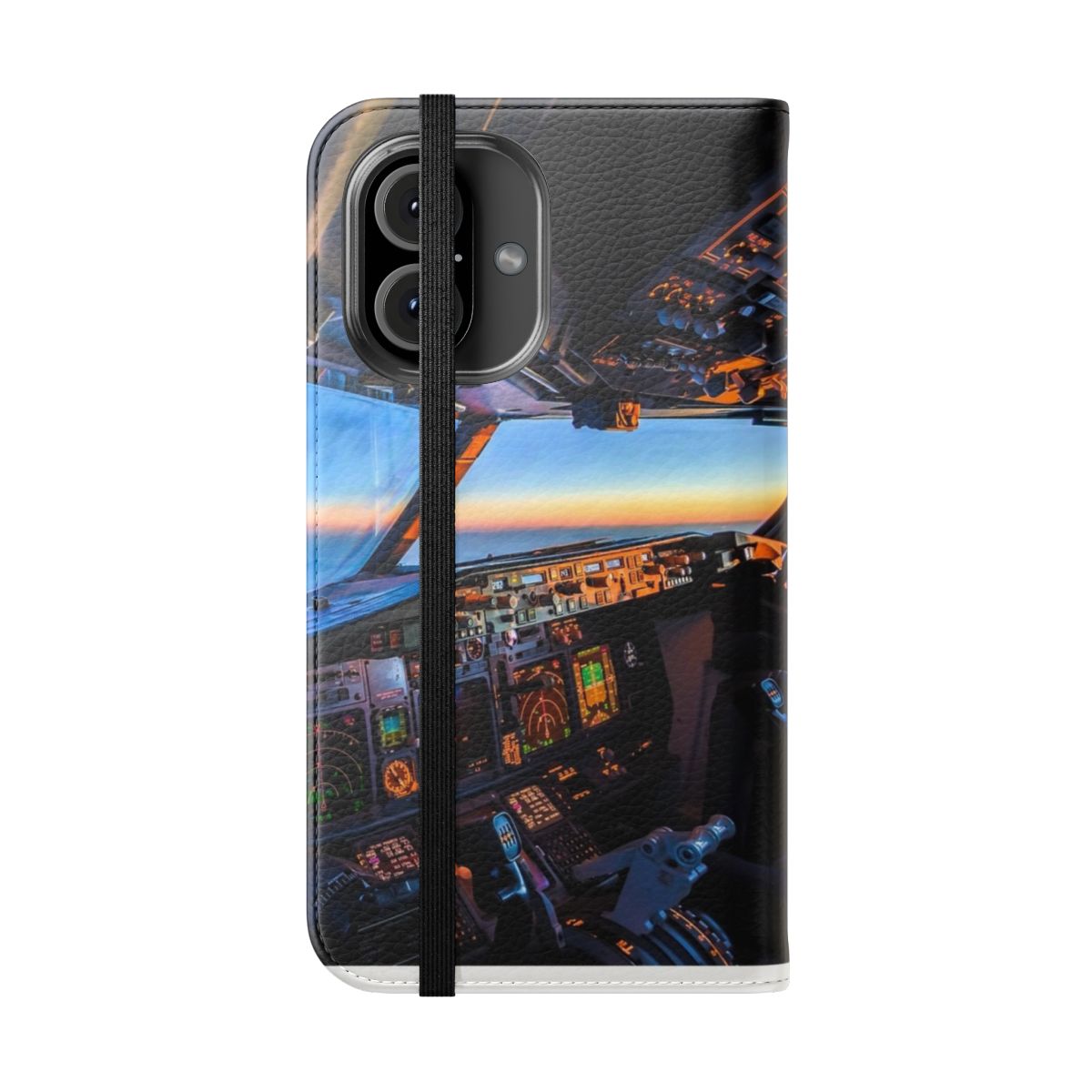 Flip cover phone case with a dreamy aerial view of a plane flying at sunset - Folded Front