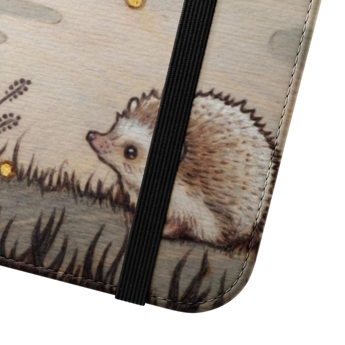 Hedgehog in the Fog-inspired phone case with intricate pyrography design - Close Up