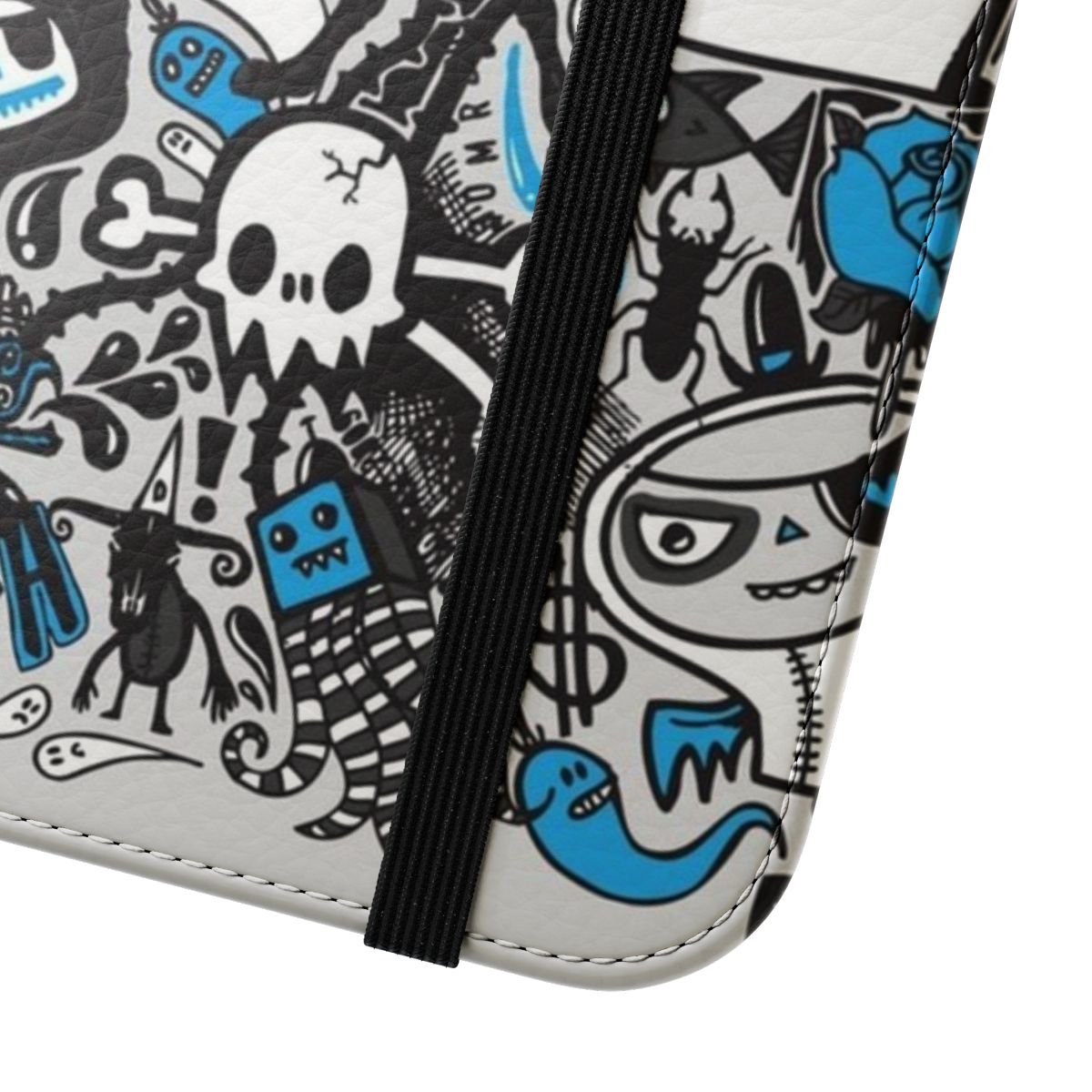 Edgy doodle art phone case with skulls, eyeballs, and dark aesthetic elements - Close Up