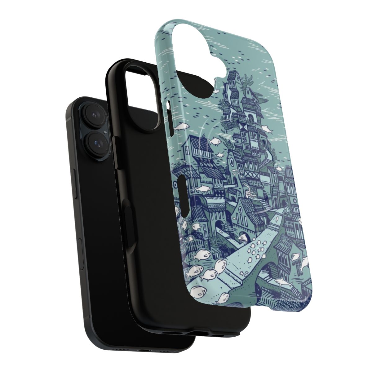 Vibrant ocean-themed phone case with fish, coral, and underwater city design - Layers