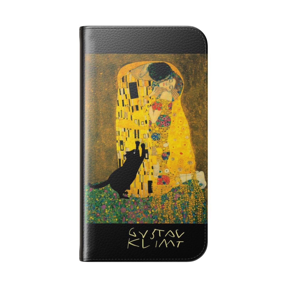 Phone case featuring a black cat playing with the iconic Klimt painting "The Kiss" - Folded Back