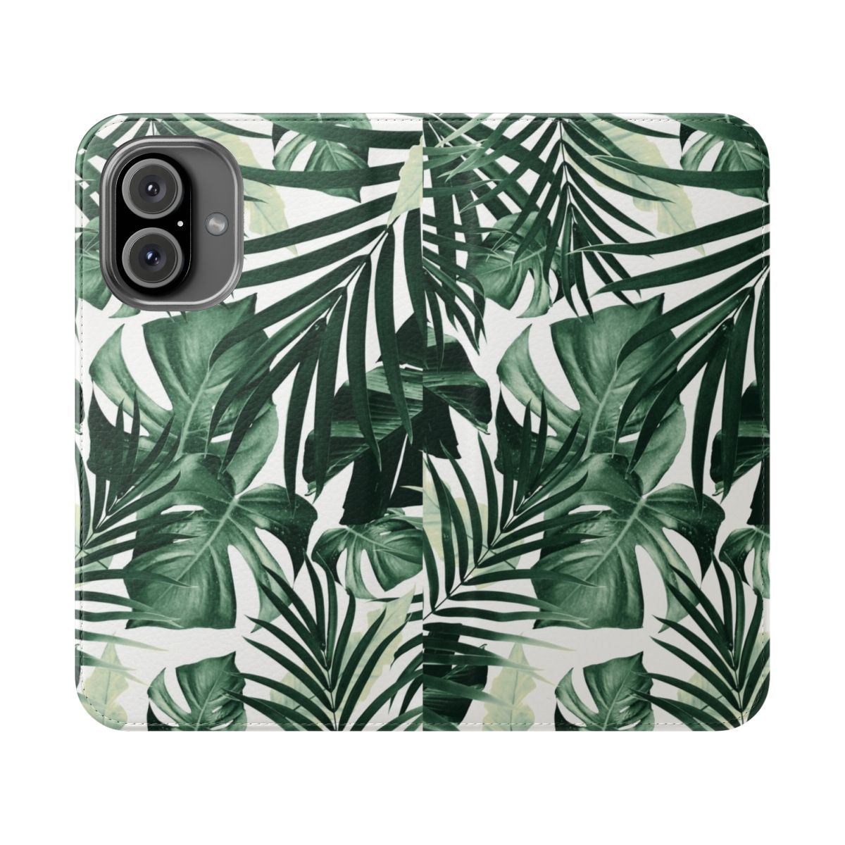 Closeup of a tropical leaves pattern phone case with shades of green leaves on a white background