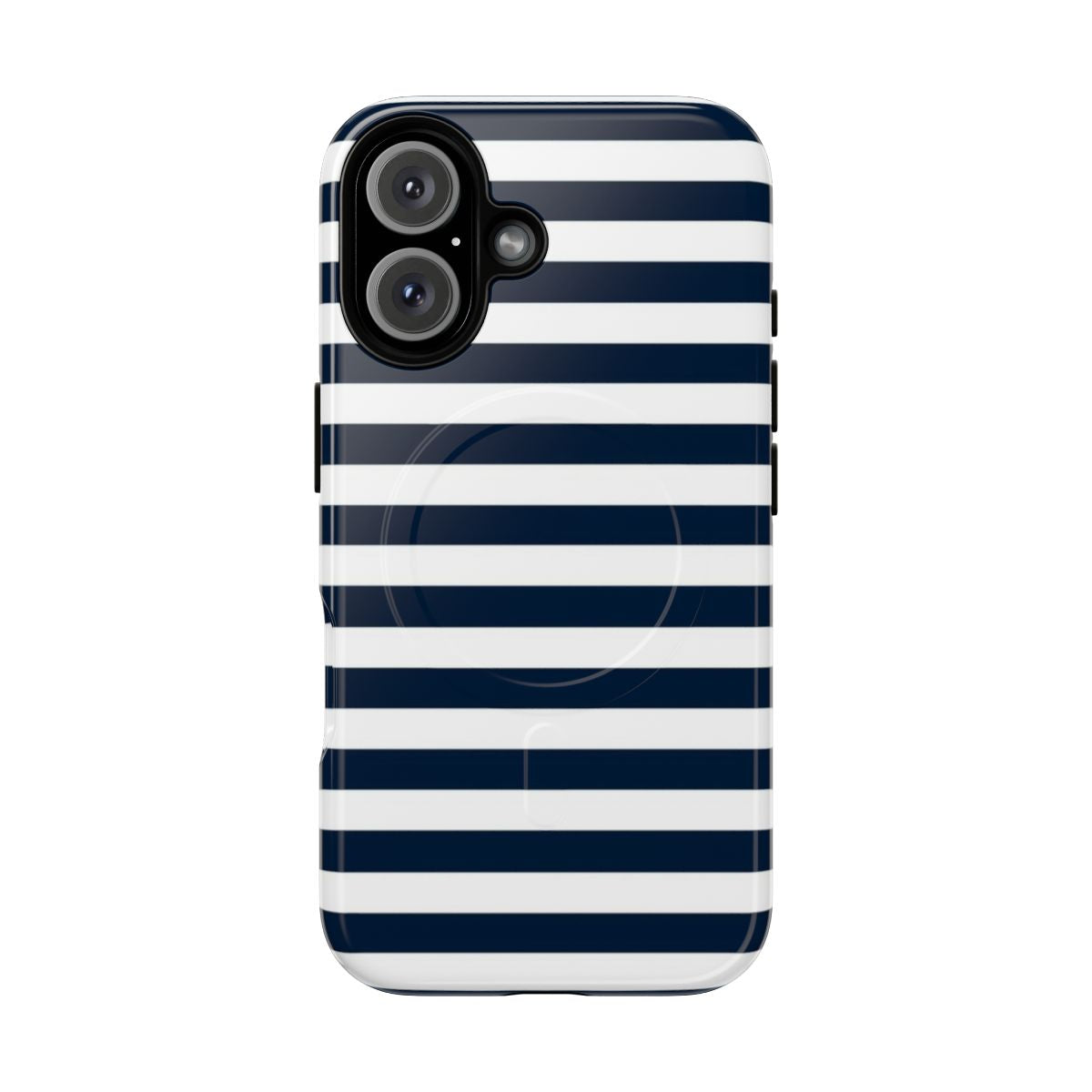 Navy blue and white striped horizontal pattern on a sturdy phone case