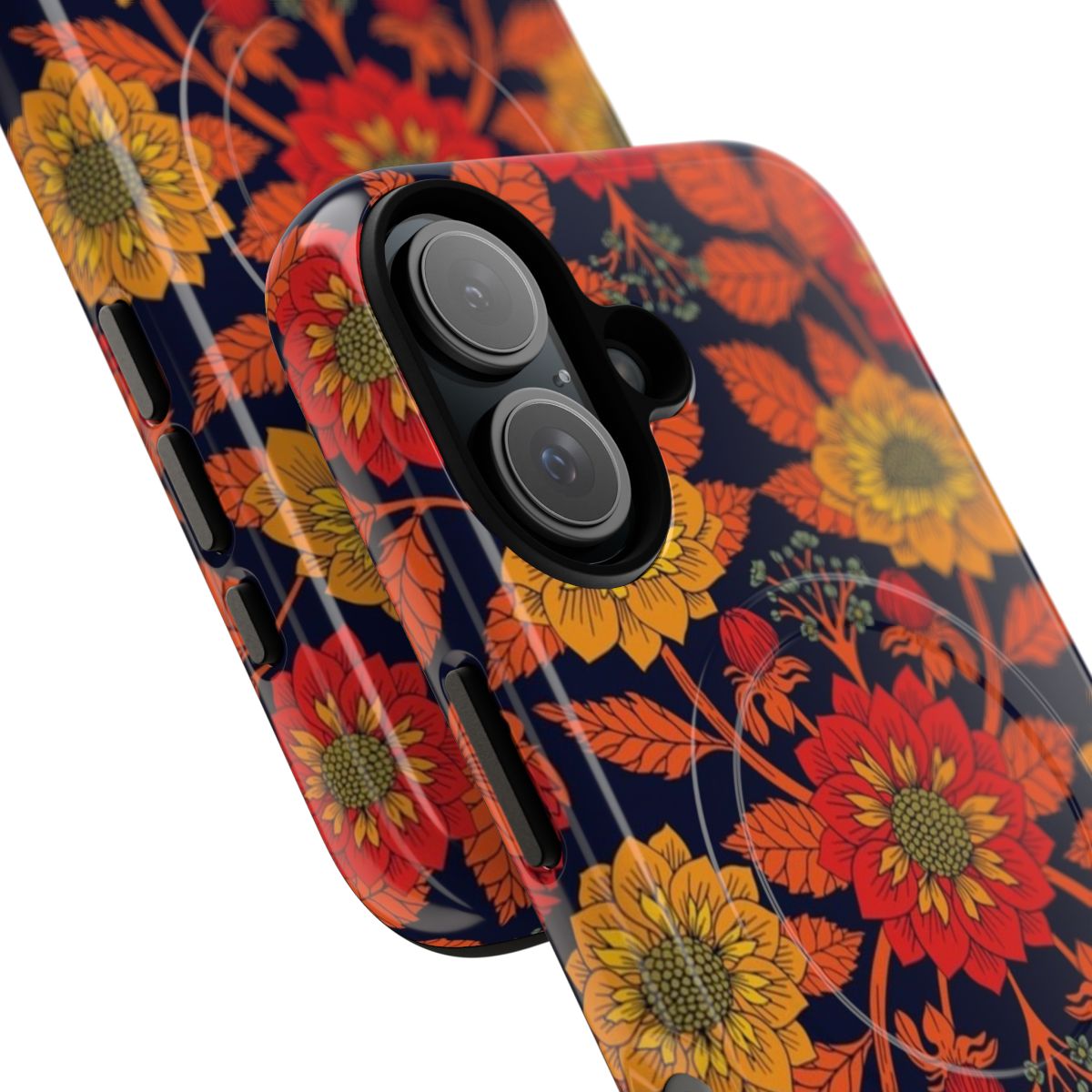 Vibrant yellow, red, orange, blue, and navy floral pattern phone cases - Detail