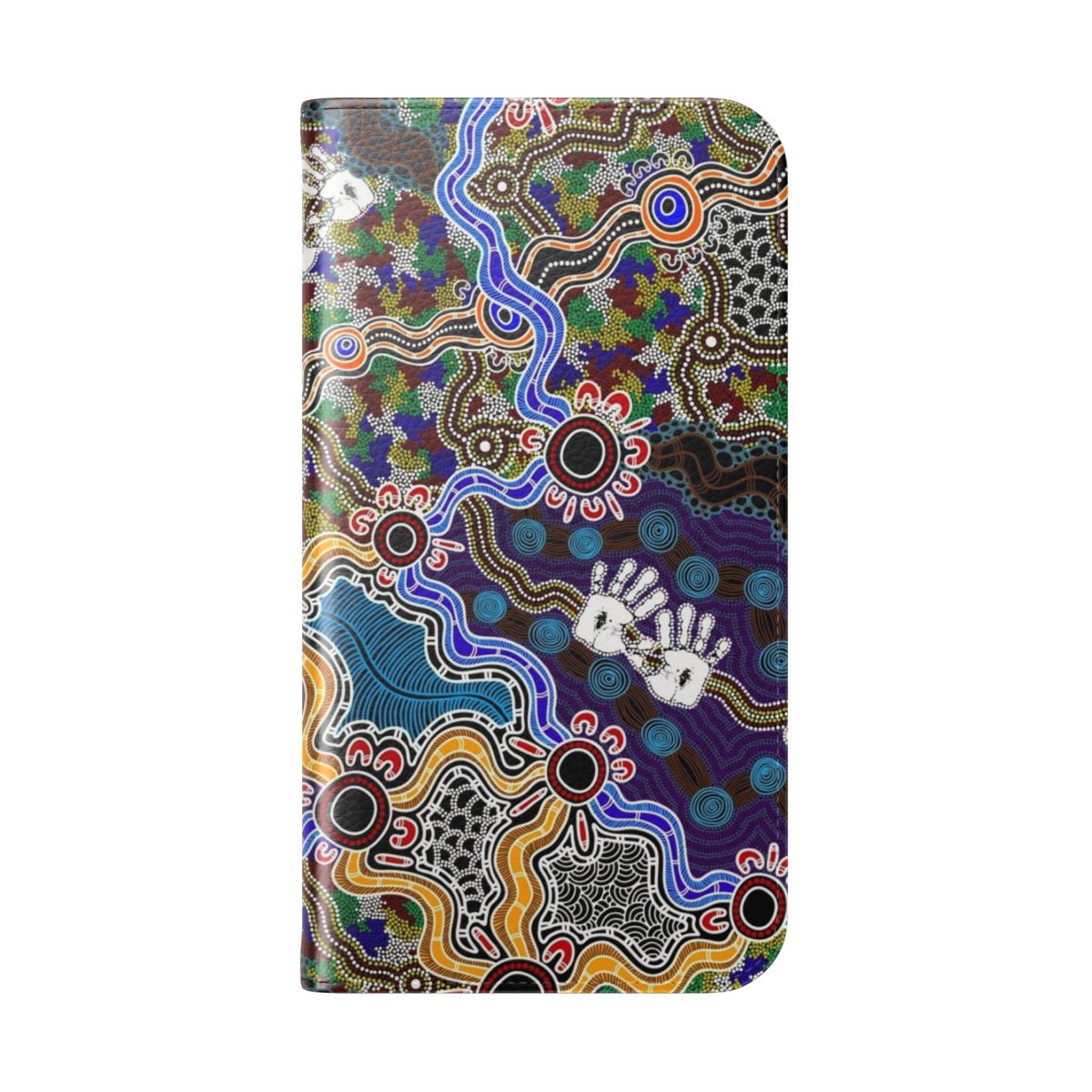 Aboriginal-inspired dreamtime art design on a flip cover phone case - Folded Back