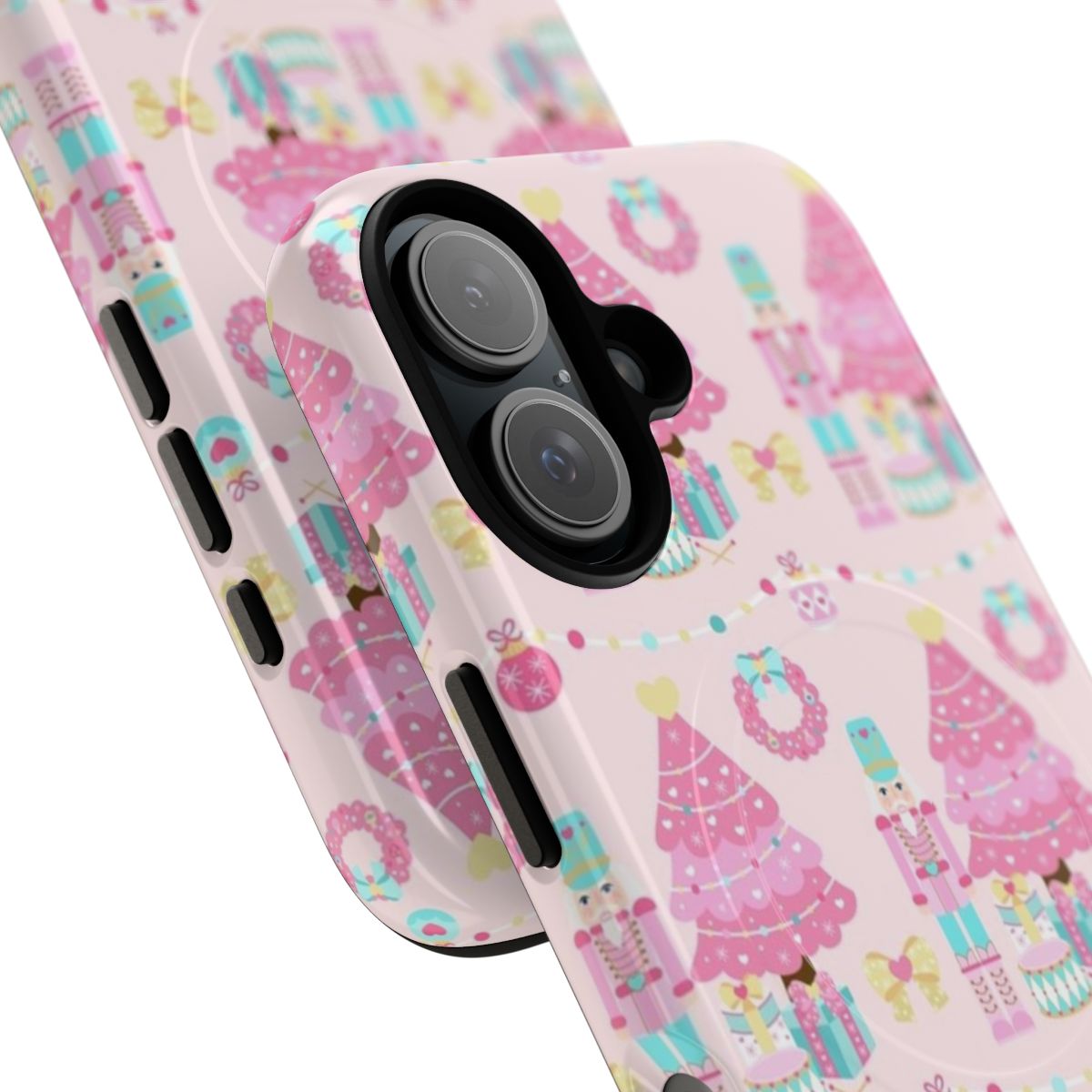 A pink phone case with a Christmas tree, wreath, and bow design - Detail