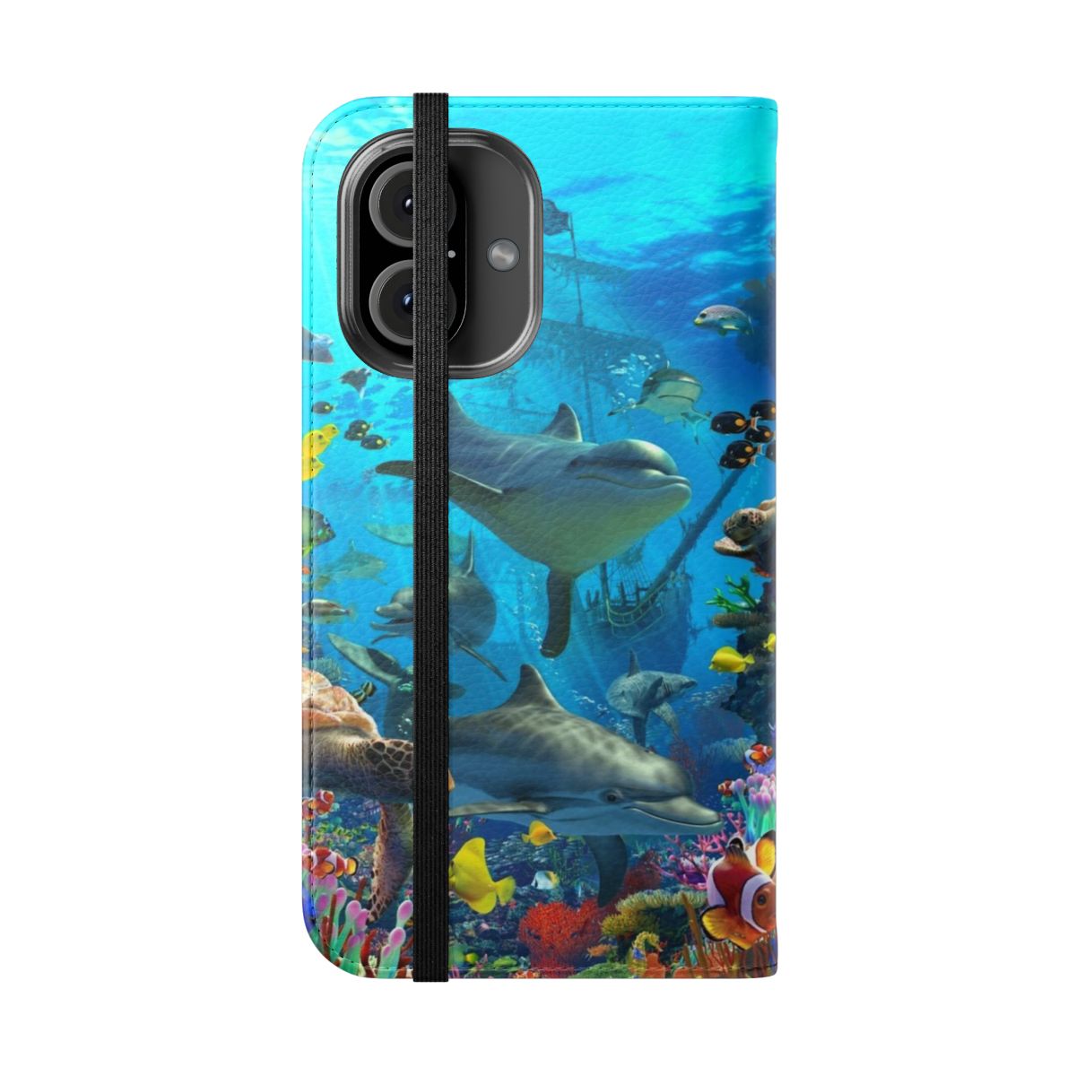 A colorful phone case featuring a playful dolphin design and ocean-inspired elements like sea turtles, shipwrecks, and clownfish. - Folded Front