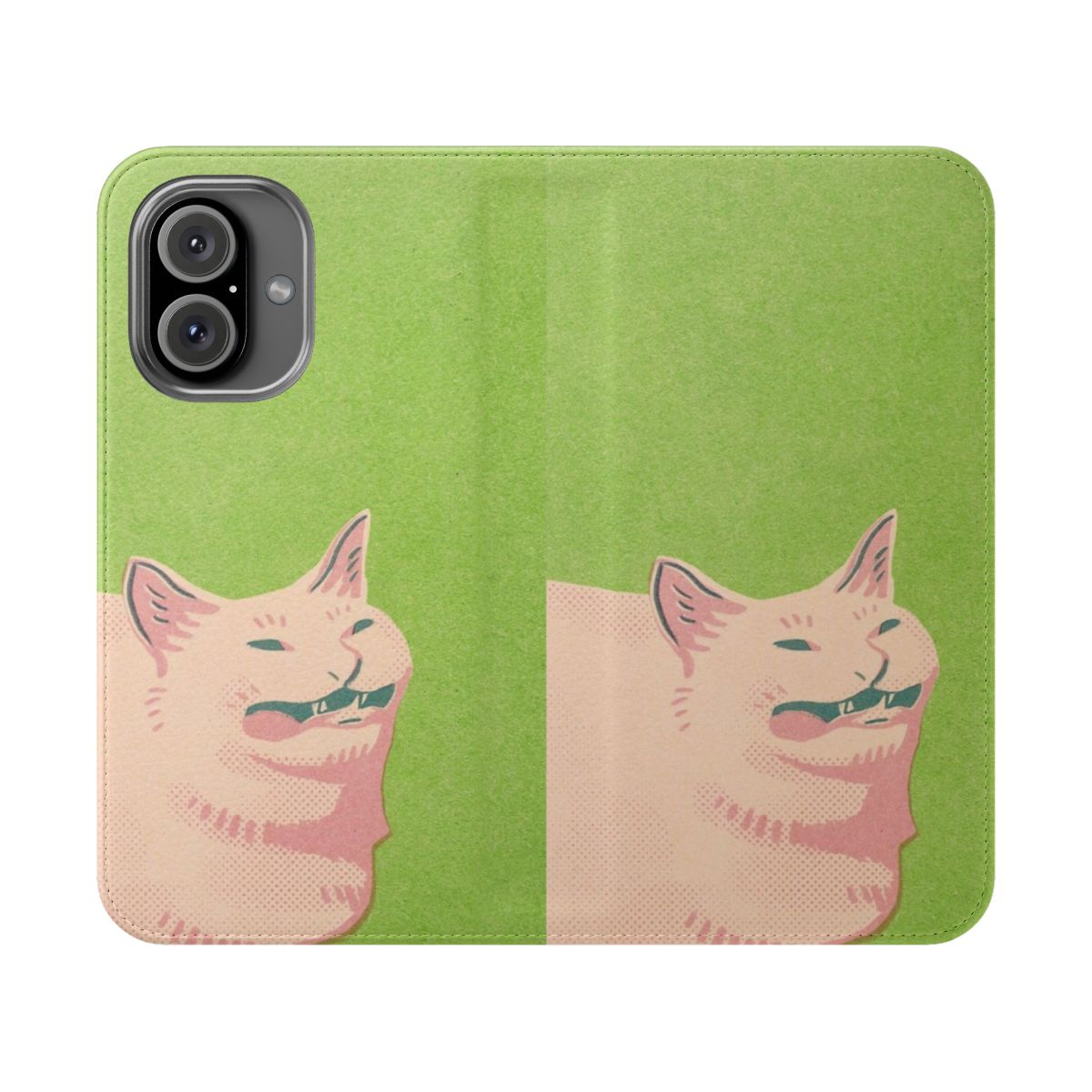 Flip cover phone case with a design of a cat sneezing, a popular internet meme.