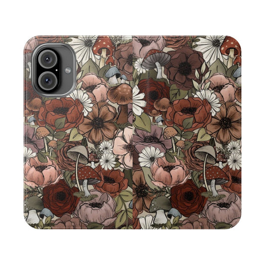 Vibrant floral and mushroom design on a phone case with a forest theme.