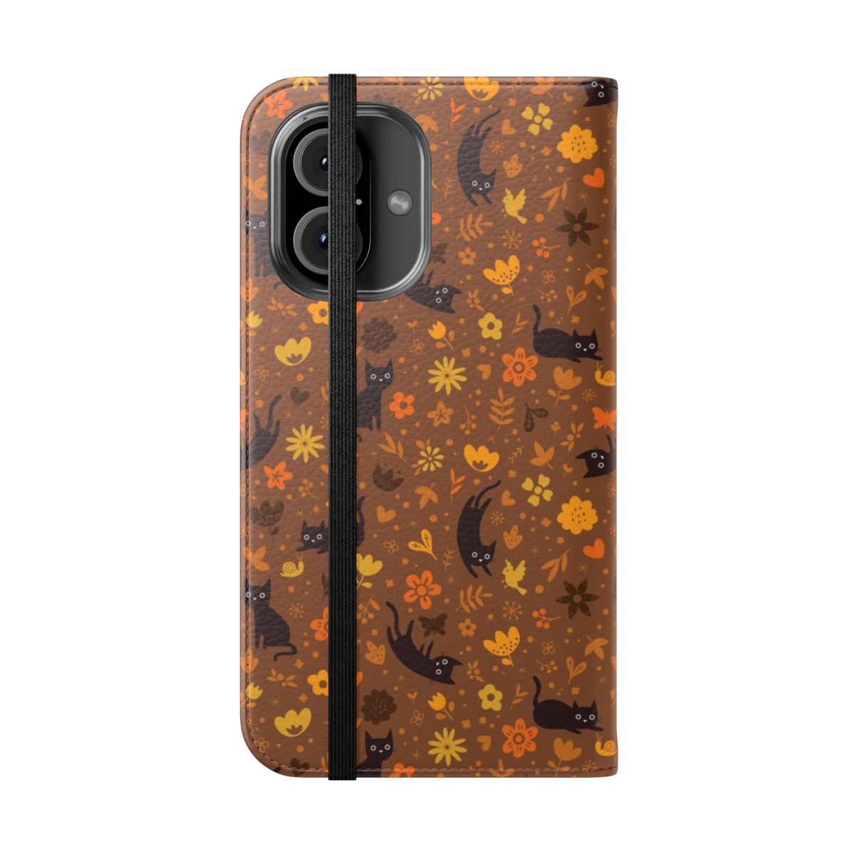 Flip phone case featuring a whimsical illustration of cats playing in an autumn garden with flowers, foliage, and butterflies. - Folded Front