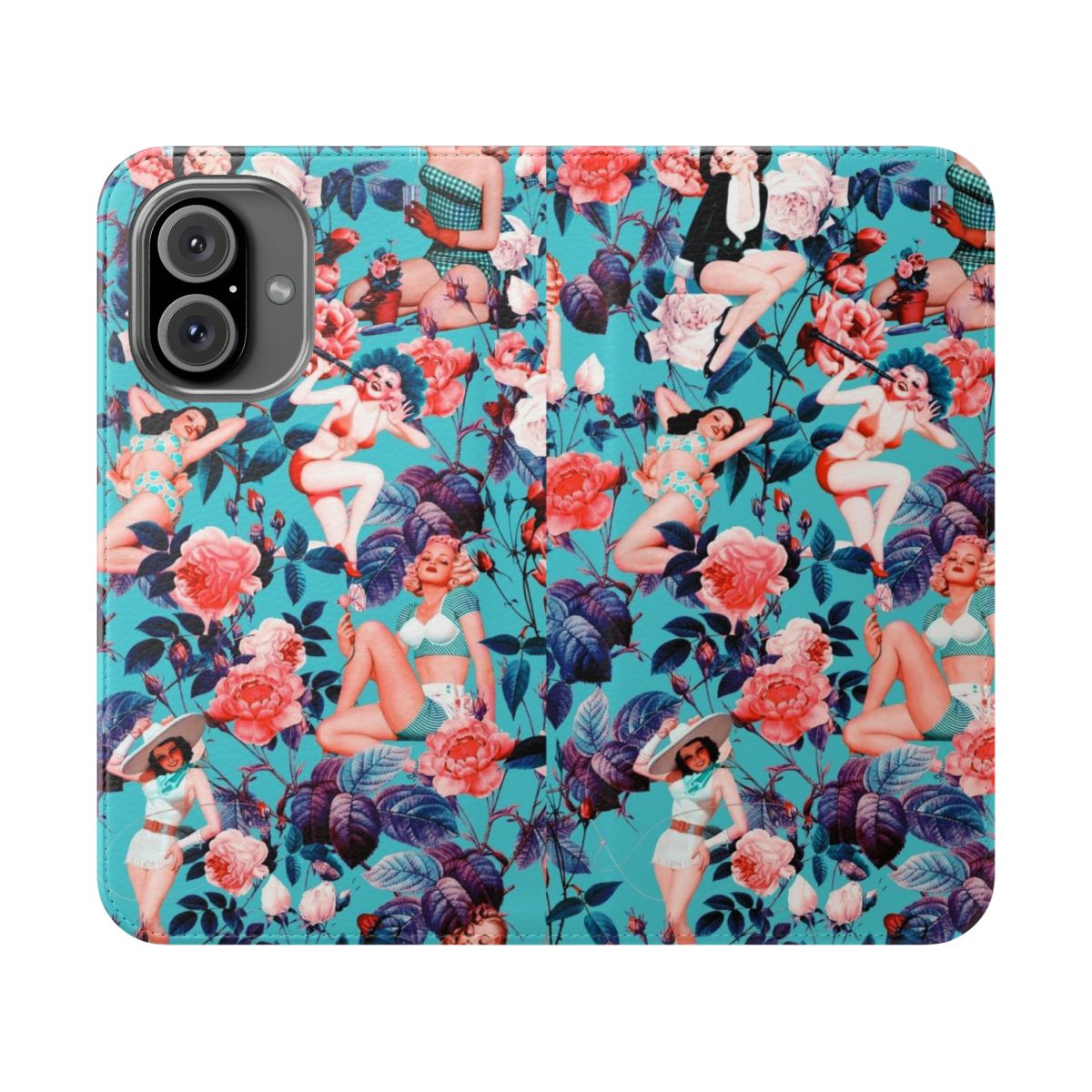 Retro floral and pinup-style flip cover phone case