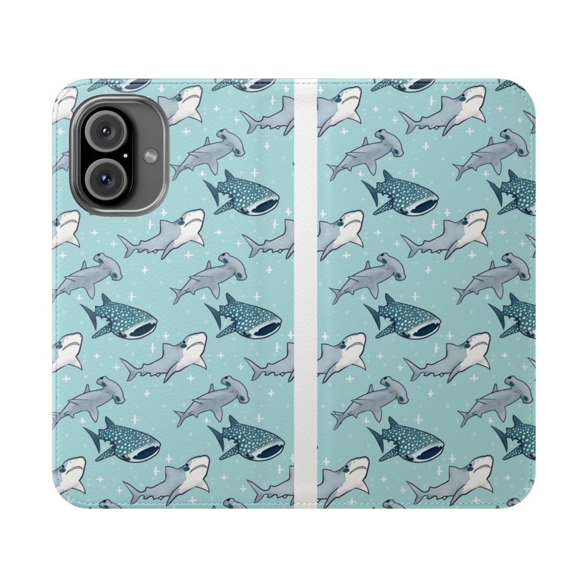 Blue and white shark pattern design on a flip phone case cover