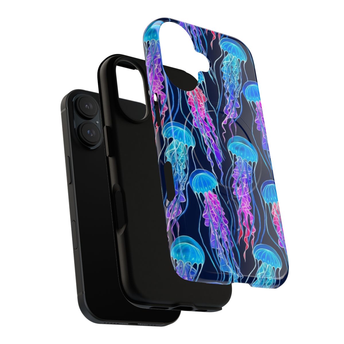 Colorful and glowing luminescent jellyfish pattern on a navy blue tough phone case - Layers