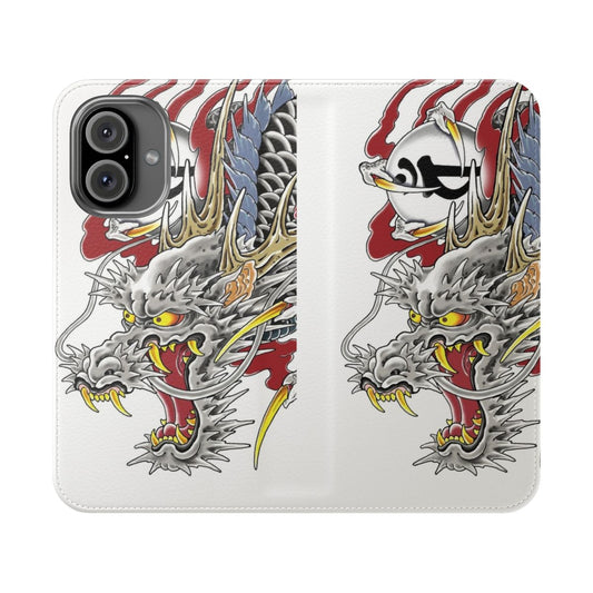 Horizontal flip cover phone case featuring a Yakuza-inspired tattoo design, including the iconic "Hanya" mask and Kazuma Kiryu's dragon tattoo.