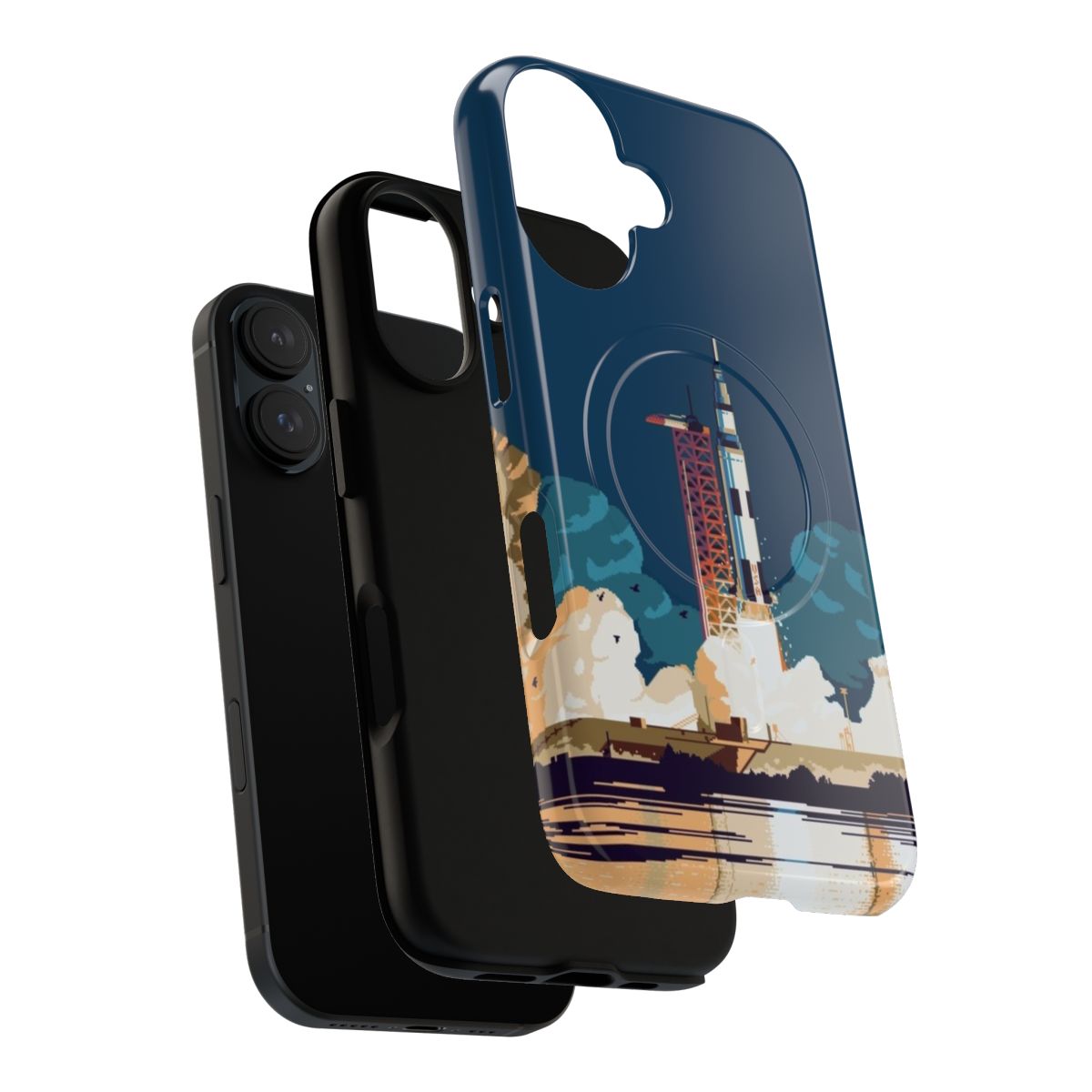 Pixel art designed magnetic tough phone case featuring Apollo 11 spacecraft and rocket - Layers