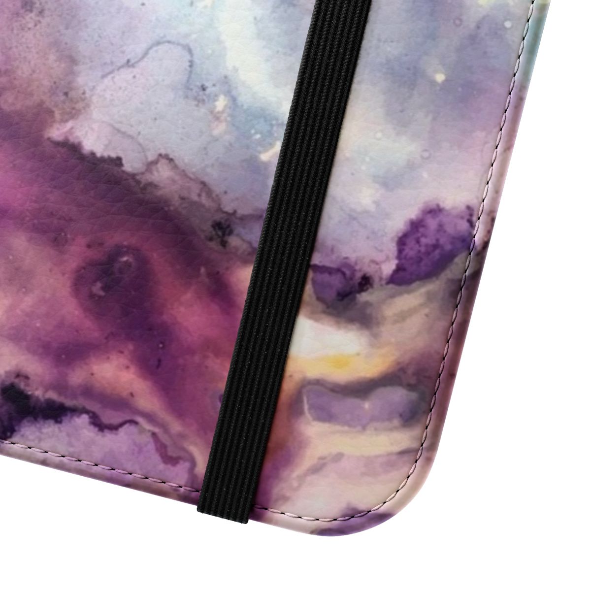 A vibrant, abstract mixed media painting in shades of purple and pink with fluid, galaxy-inspired designs, printed on a phone case. - Close Up