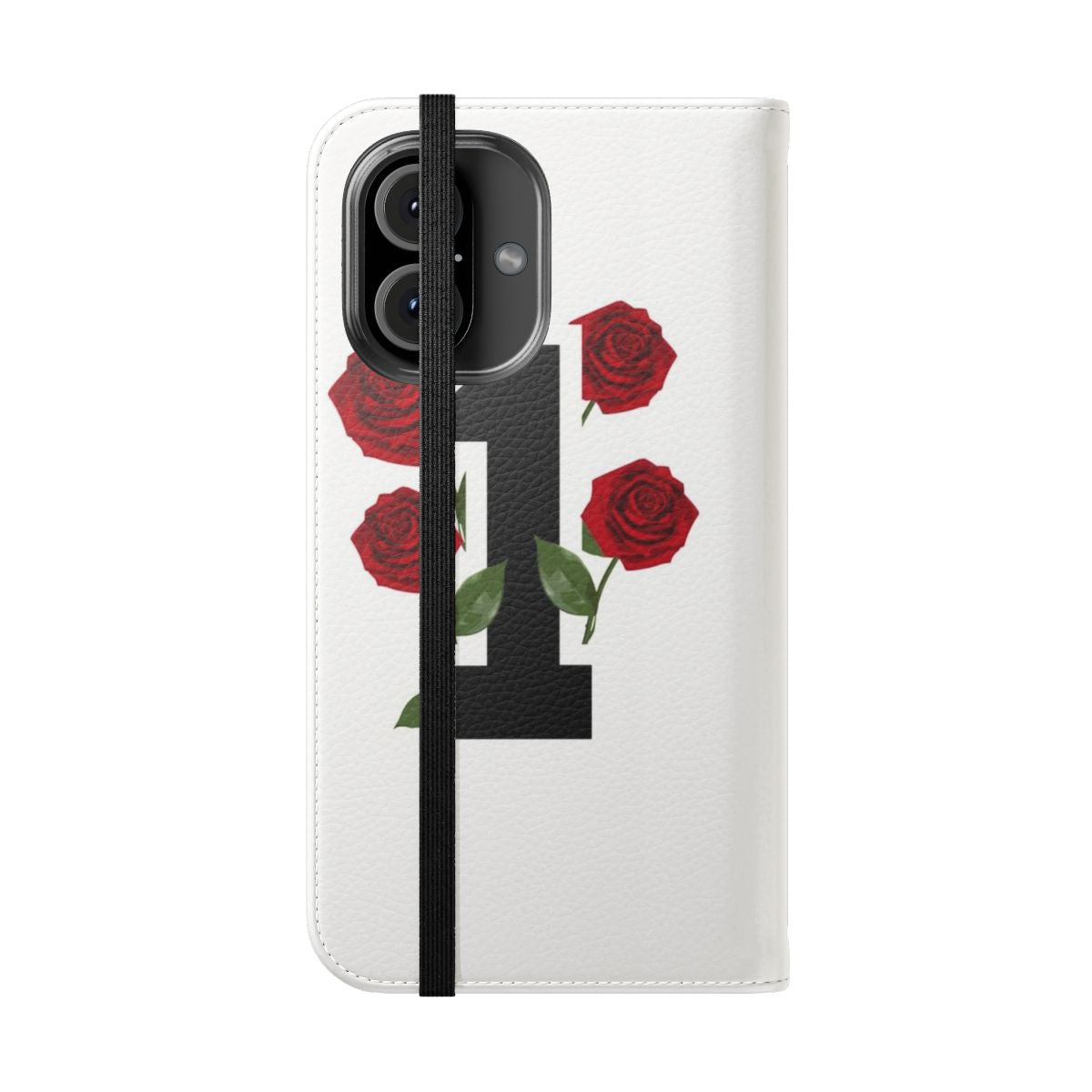 A stylish flip cover phone case featuring a floral rose design inspired by basketball player Derrick Rose's iconic number 1. - Folded Front