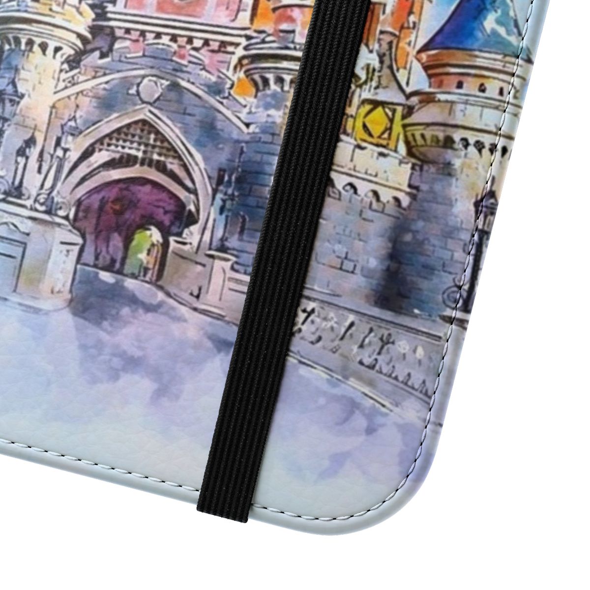 Whimsical castle-themed flip phone case with watercolor design - Close Up