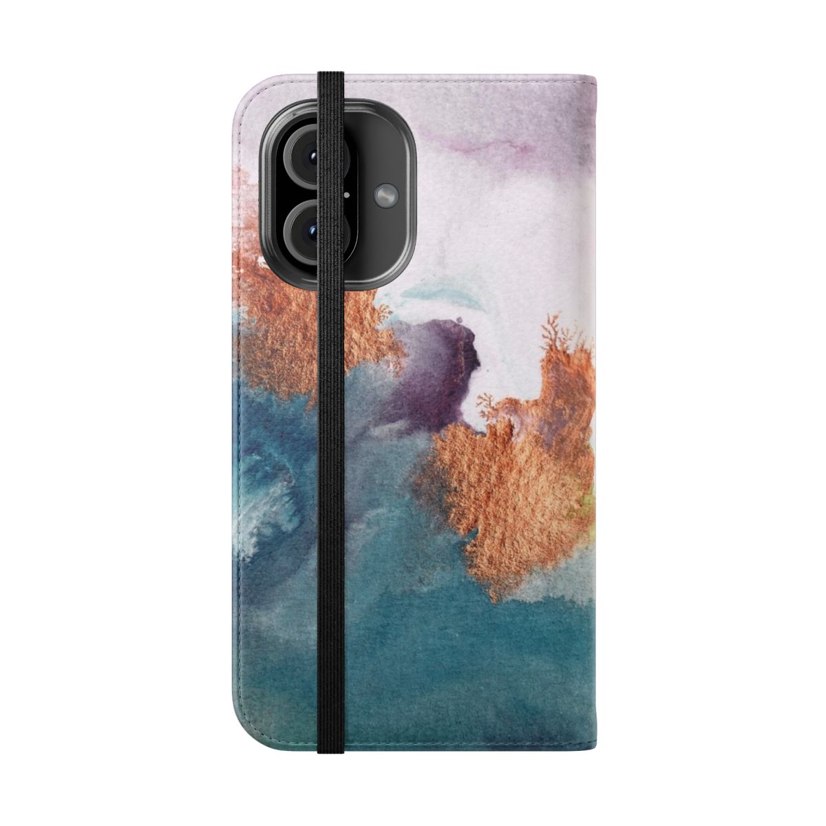 Vibrant abstract watercolor painting in shades of blue, violet, and pink printed on a phone case. - Folded Front