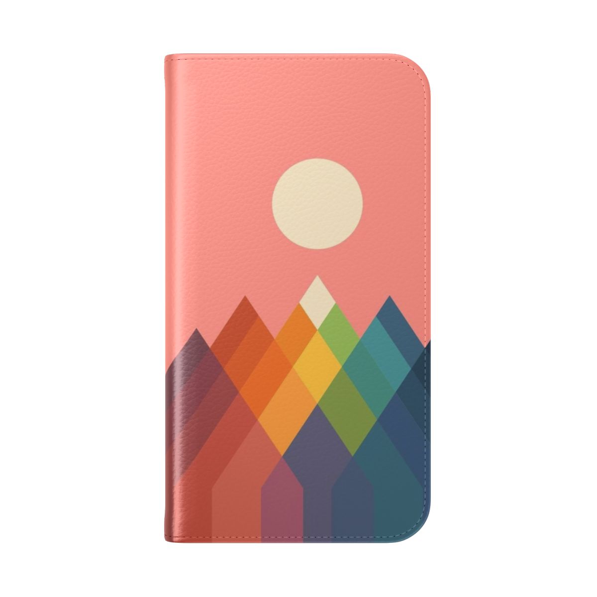 Colorful rainbow-themed geometric phone case with a mountain landscape design. - Folded Back