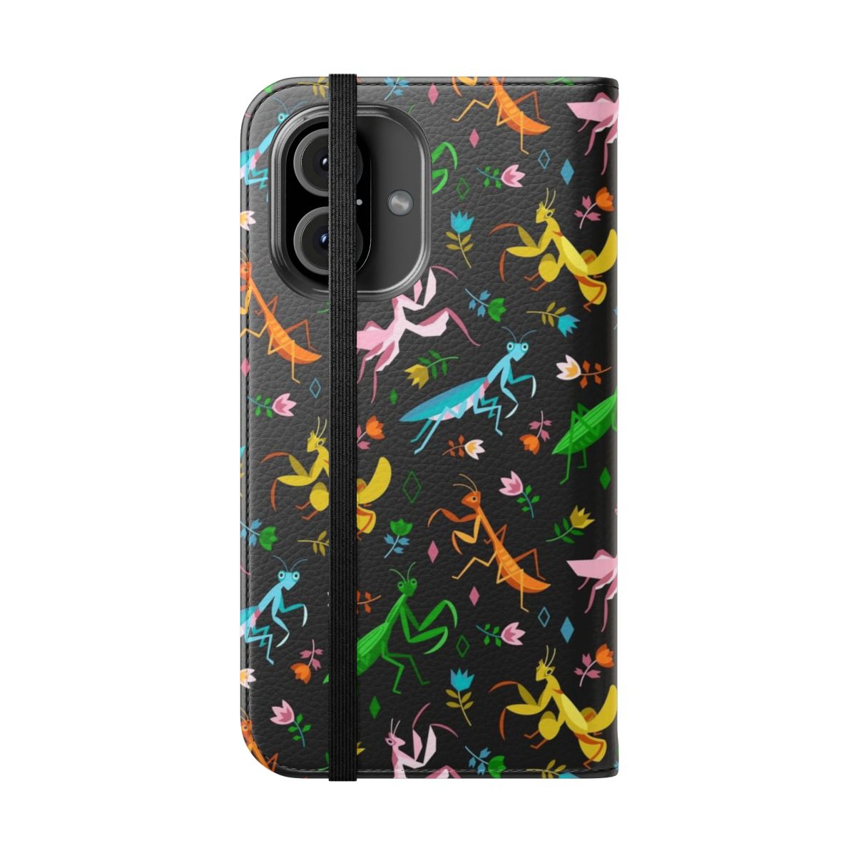 Artistic black flip phone case featuring various species of praying mantises in a geometric design - Folded Front