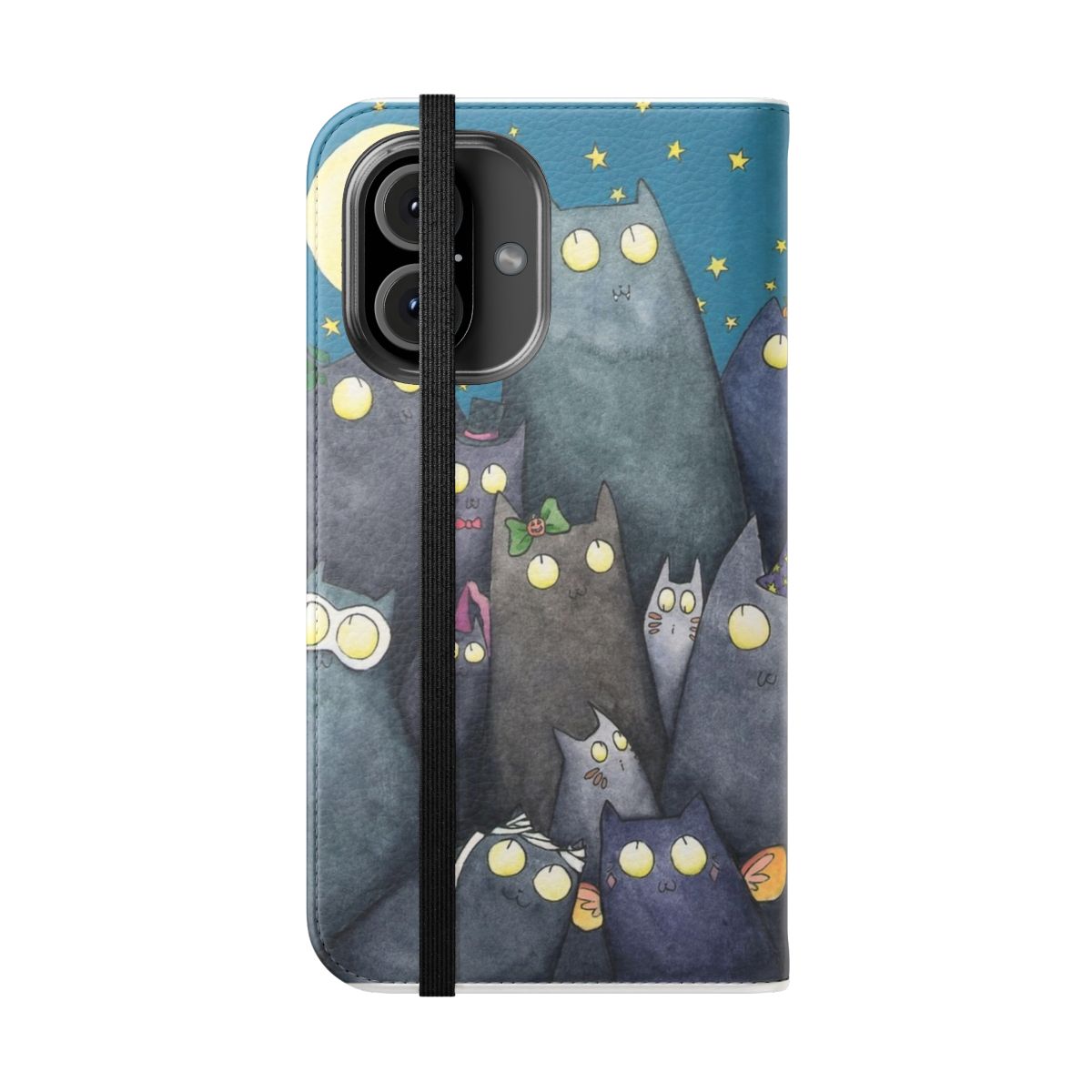 Flip cover phone case featuring a whimsical cat design with kittens, moon, and stars - Folded Front